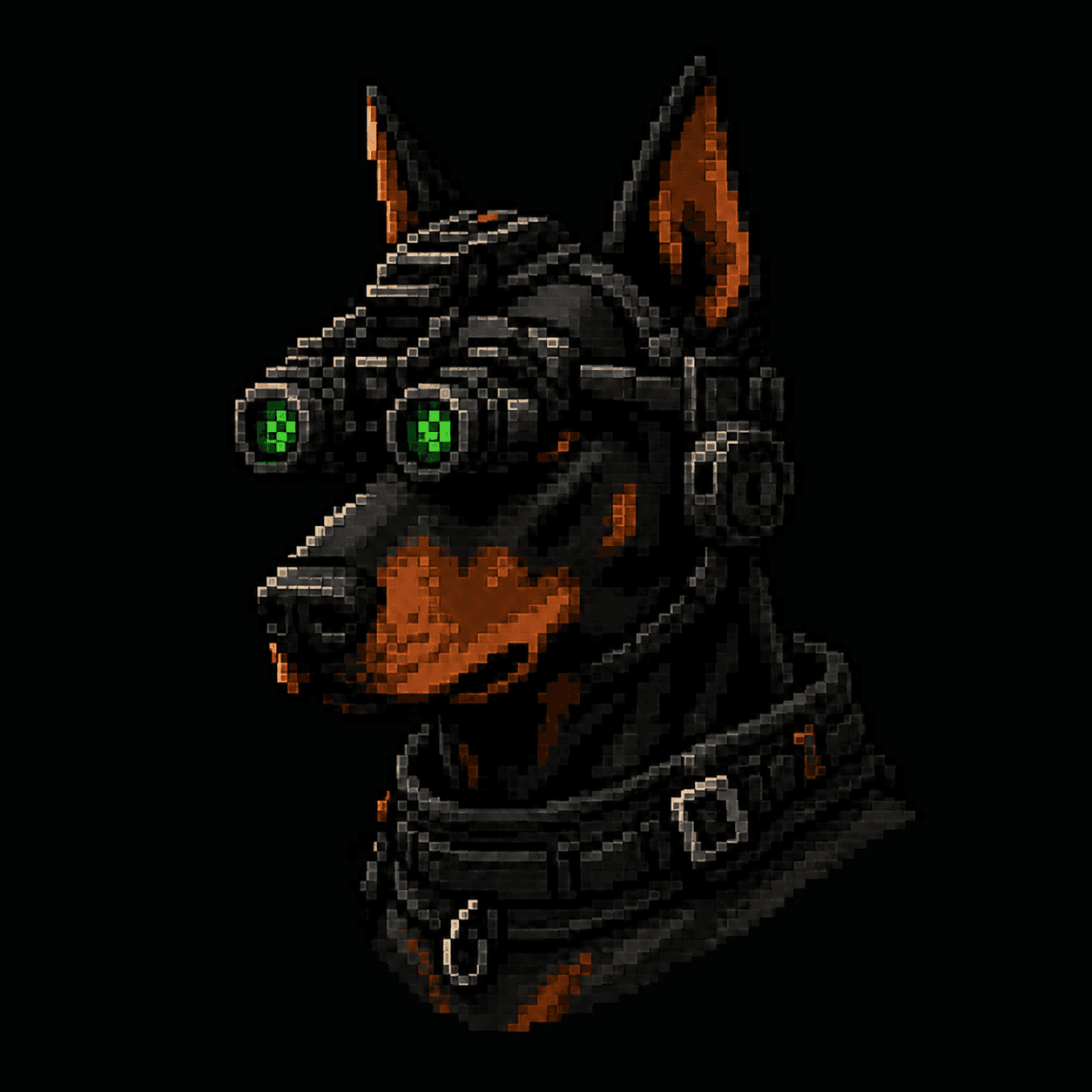 Pixel-art tactical Dobermann wearing twin-lens night-vision goggles